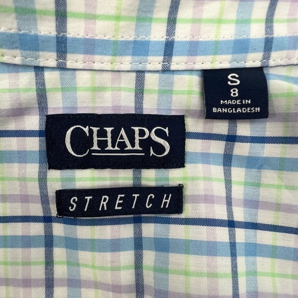 Chaps Blue Plaid Stretch Button Up Long Sleeve Shirt Size Small (8) Boy's - Picture 2 of 6